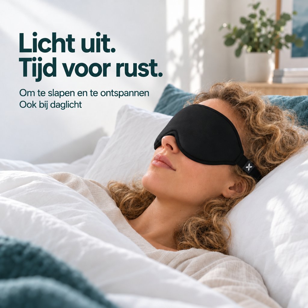 Vrouw ligt in bed met een zwart Deluxe-slaapmasker om bij daglicht te slapen en te ontspannen.