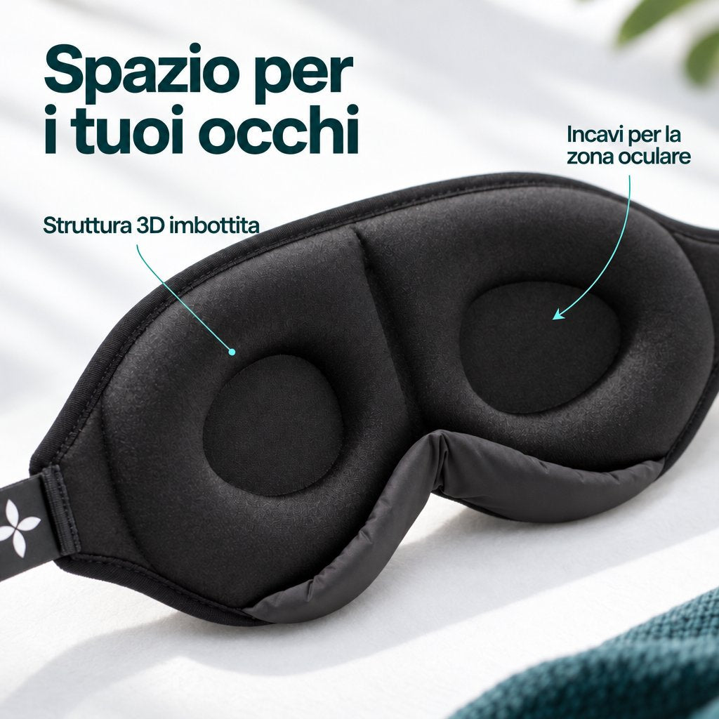 Mascherina per dormire Deluxe: struttura 3D imbottita con incavi che lasciano spazio davanti agli occhi.