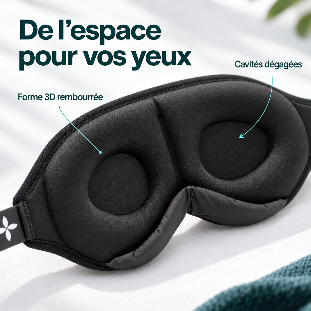 Masque de sommeil Deluxe noir, avec forme 3D rembourrée et cavités dégagées devant les yeux.