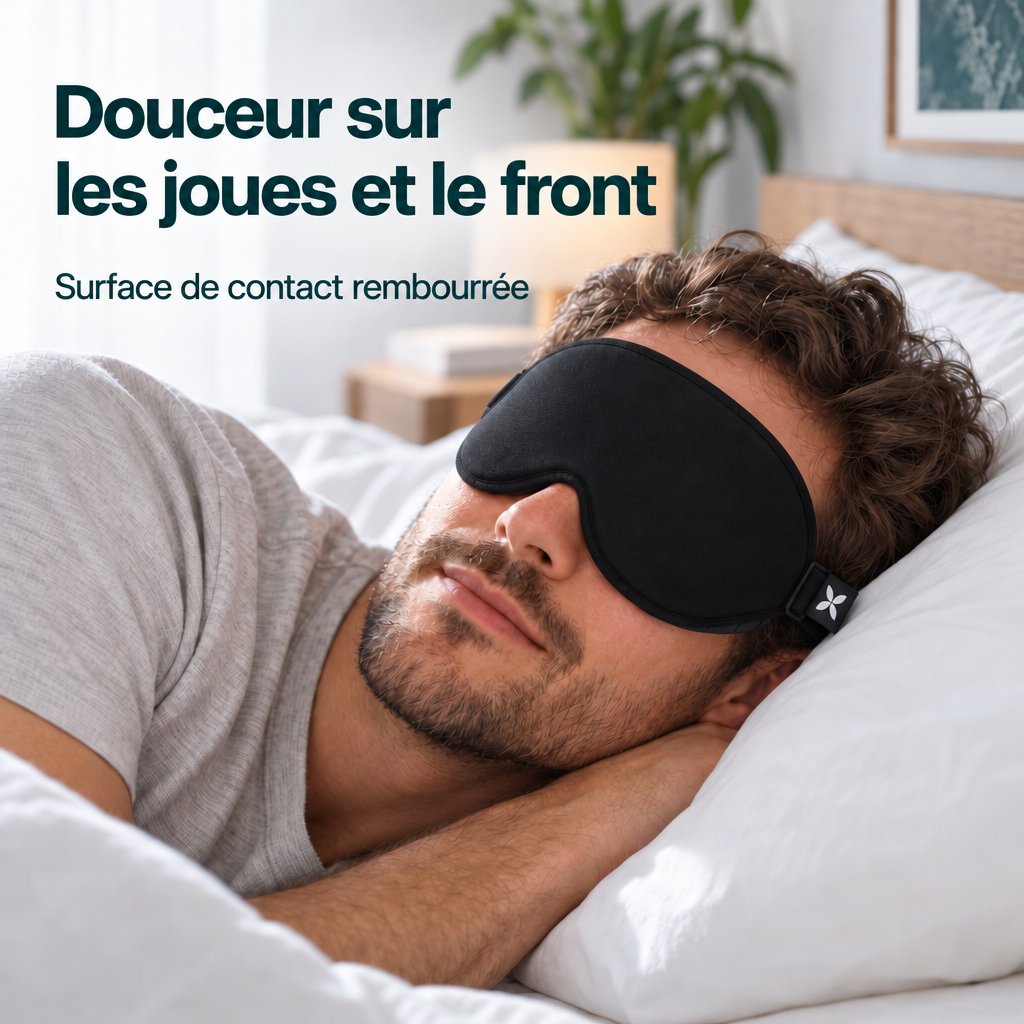 Un homme allongé sur le côté porte un masque de sommeil Deluxe noir, avec une surface de contact rembourrée, douce sur les joues et le front.
