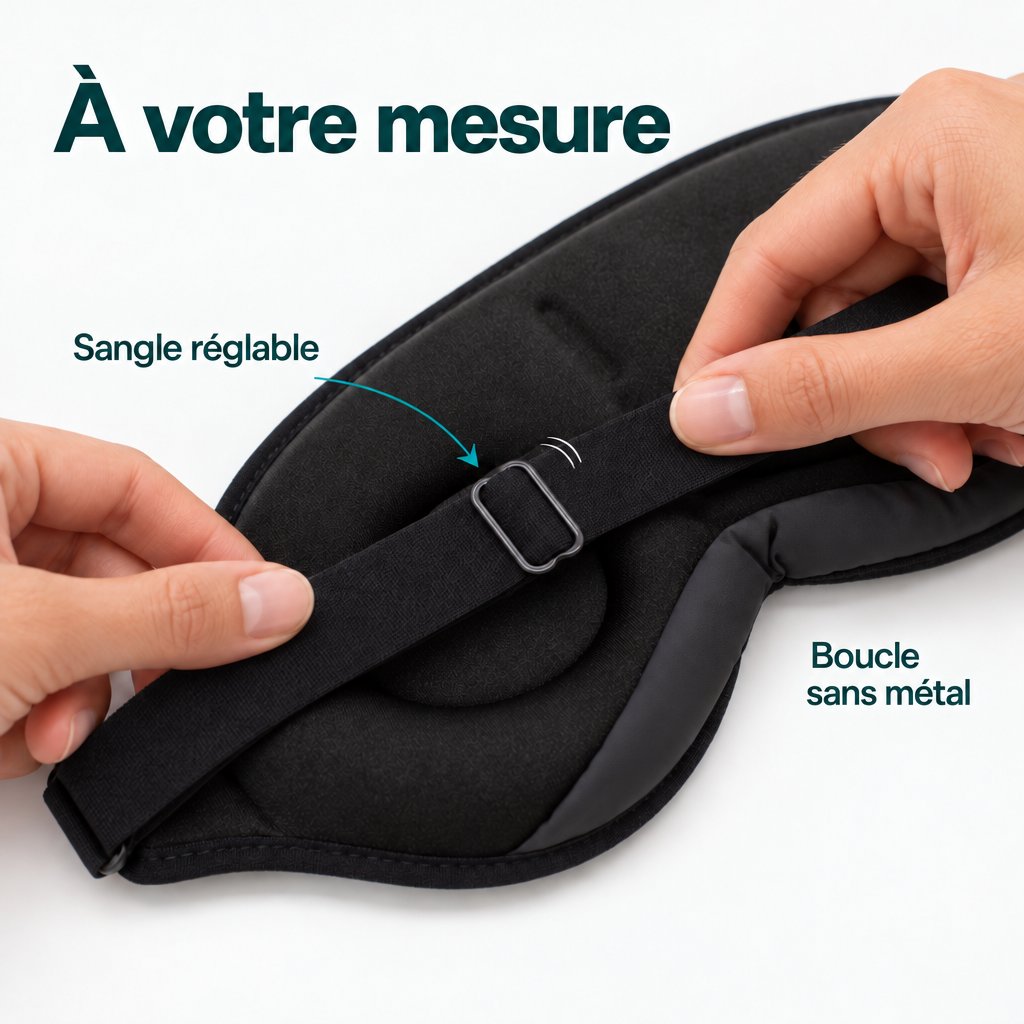 Masque de sommeil Deluxe noir : ajustement de la sangle à l’aide d’une boucle sans métal.