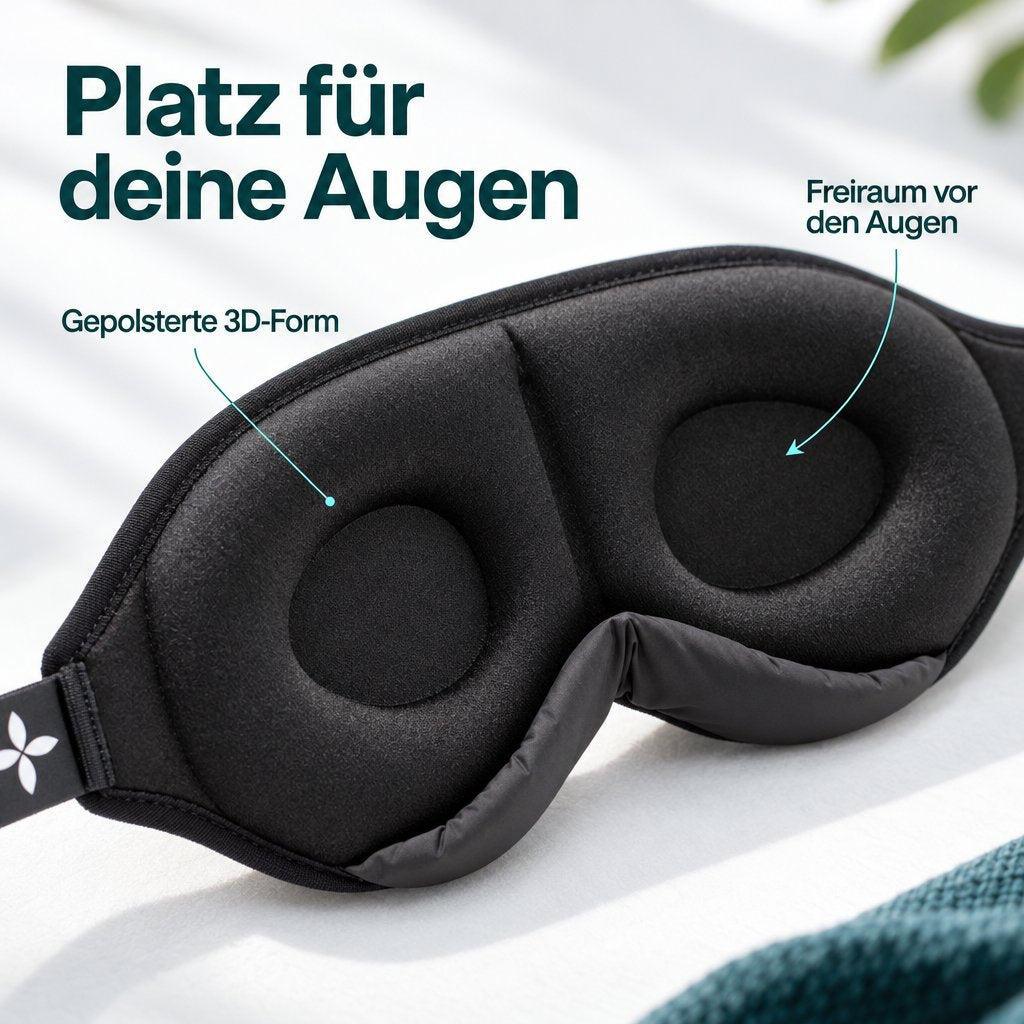 Nahansicht der Innenseite der schwarzen Schlafmaske Deluxe mit gepolstertem Rand und vertieften Augenmulden.