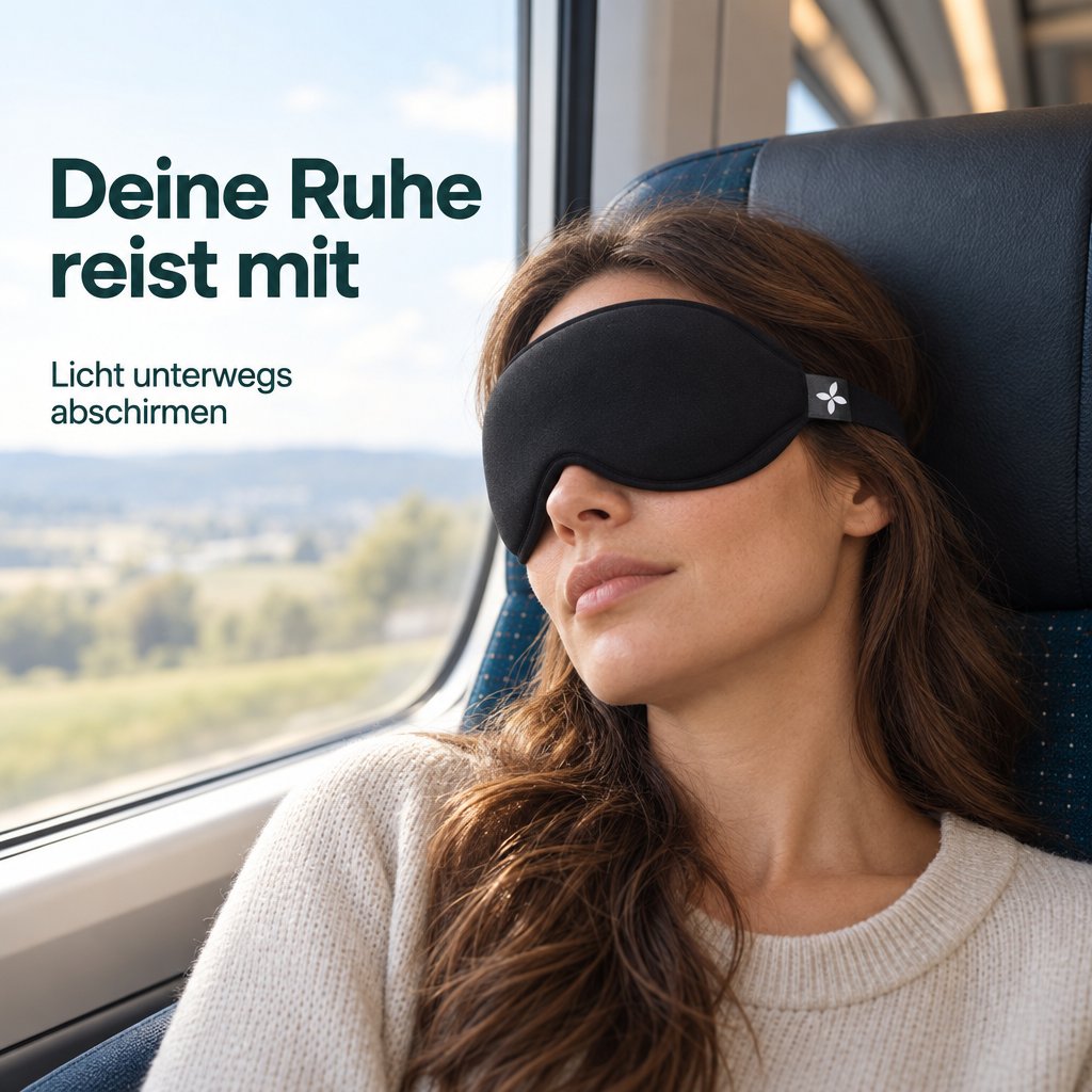 Frau ruht am Fenster eines Zuges und trägt eine schwarze Schlafmaske Deluxe.