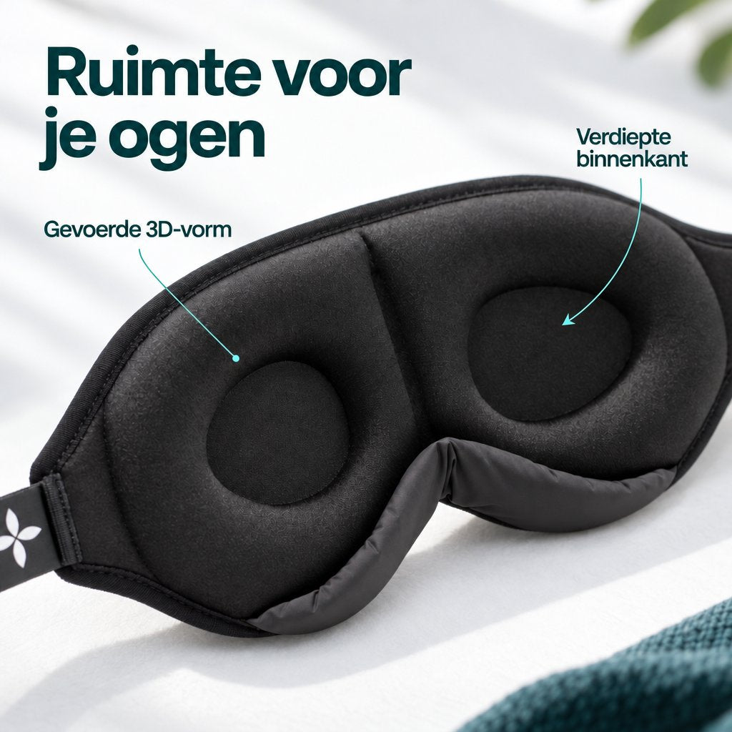 Slaapmasker Deluxe met een gevoerde 3D-vorm en een verdiepte binnenkant die ruimte laat voor je ogen.