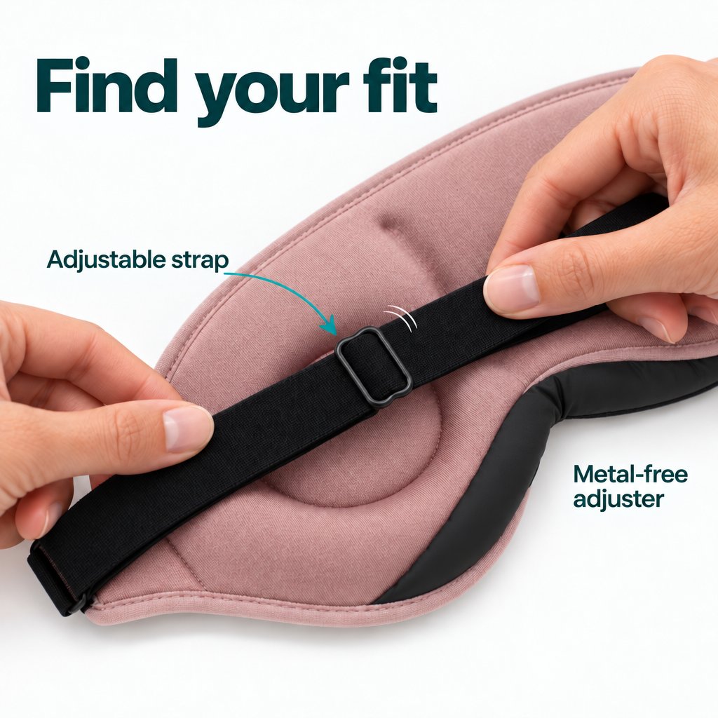 Hands adjust the black strap of the rose-colored Deluxe Sleep Mask using the rectangular slider on the back.