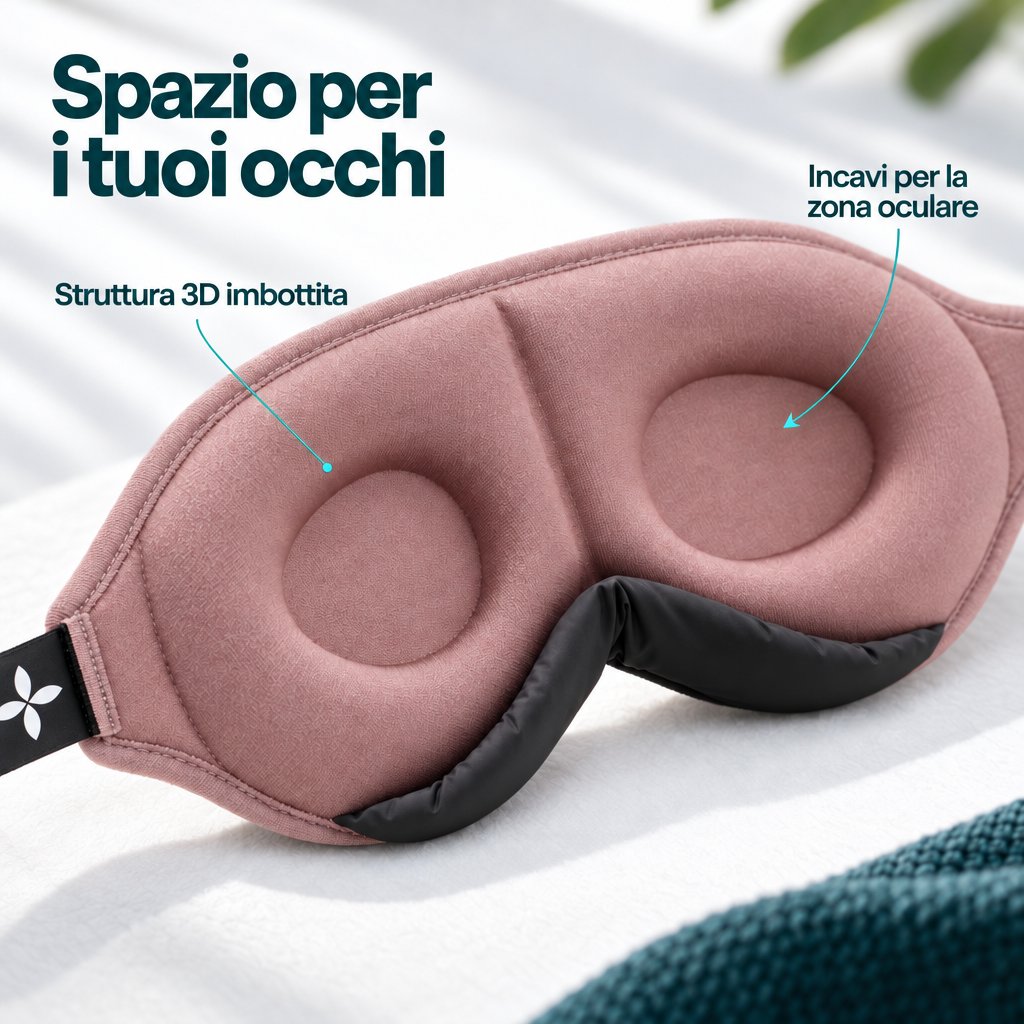 Primo piano dell’interno della mascherina per dormire Deluxe rosa, con struttura 3D imbottita, incavi per gli occhi e zona nasale nera.
