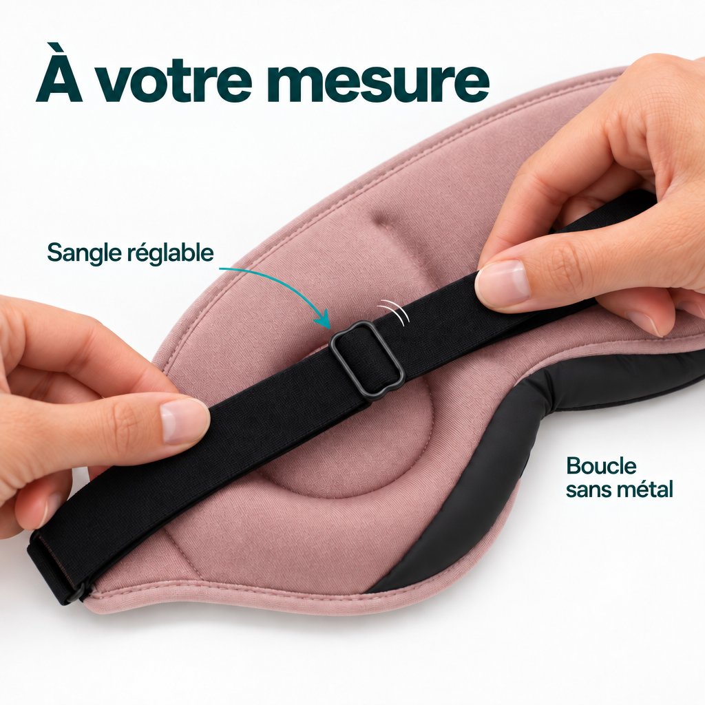 Des mains ajustent la sangle noire du masque de sommeil Deluxe rose à l’aide de la boucle rectangulaire située à l’arrière.