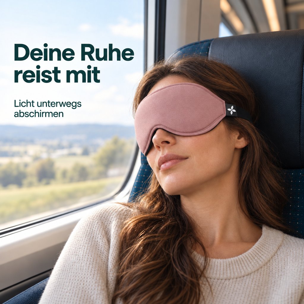 Frau sitzt am Fenster eines Zuges und ruht mit einer roséfarbenen Schlafmaske Deluxe vor den Augen.