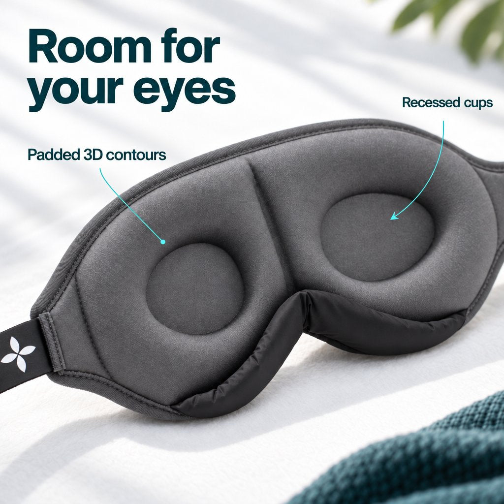 Close-up of the inside of the gray Deluxe Sleep Mask, showing padded contours, recessed eye cups and a black nose section.