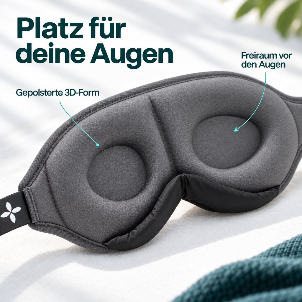 Nahansicht der grauen Schlafmaske Deluxe von innen mit gepolstertem Rand, vertieften Augenmulden und schwarzer Nasenpartie.