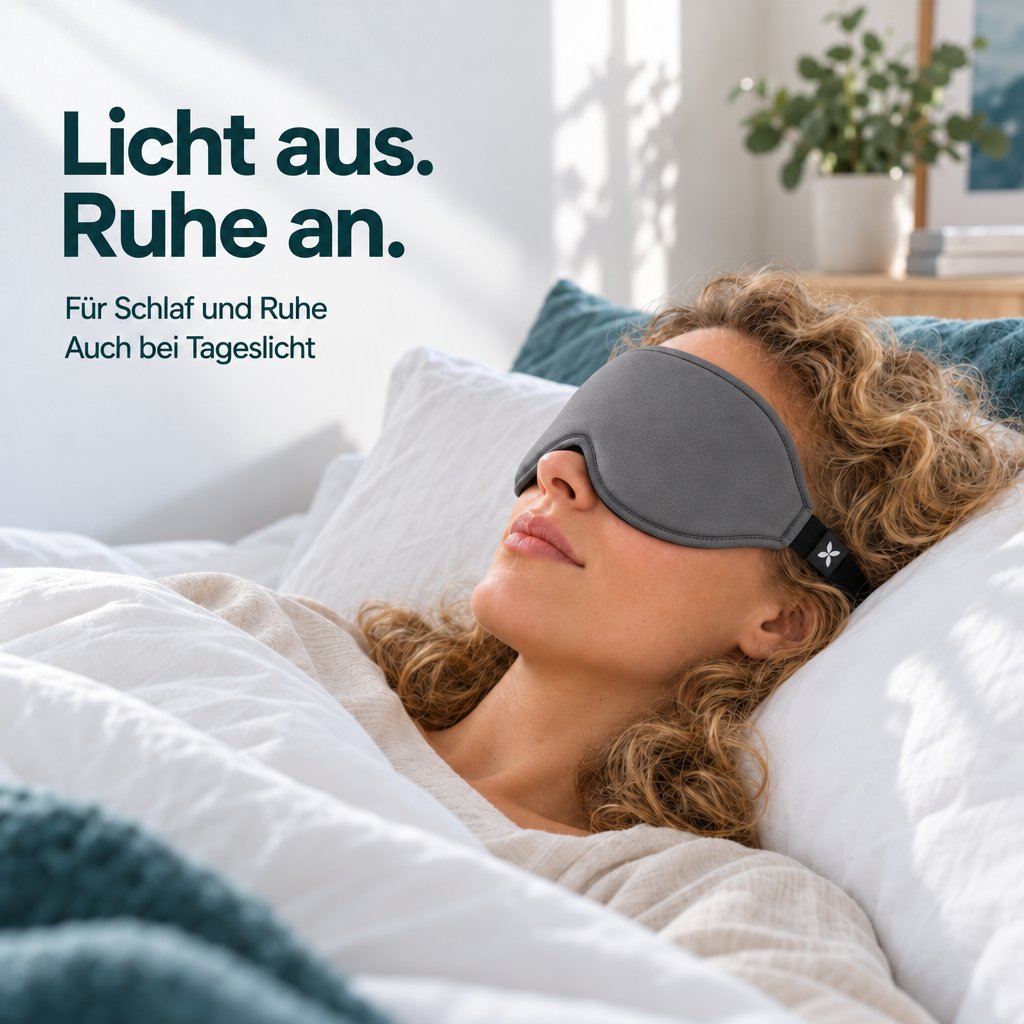 Frau mit lockigem Haar liegt auf einem Kissen im hellen Schlafzimmer und trägt eine graue Schlafmaske Deluxe.