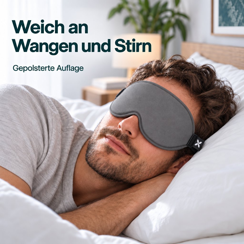 Mann ruht in Seitenlage auf einem weißen Kissen und trägt eine graue Schlafmaske Deluxe mit schwarzem Kopfband.