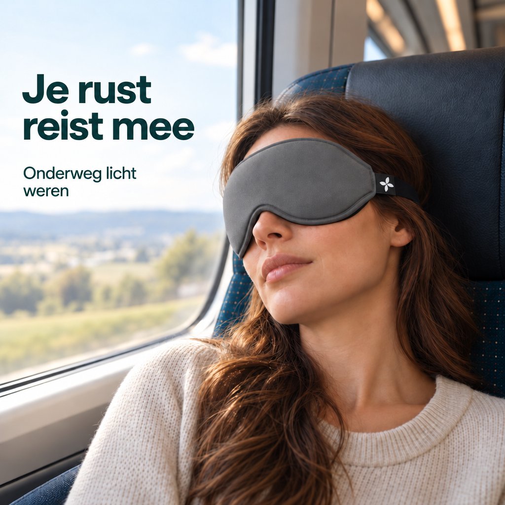 Een vrouw rust bij het treinraam met een grijs slaapmasker Deluxe over haar ogen.