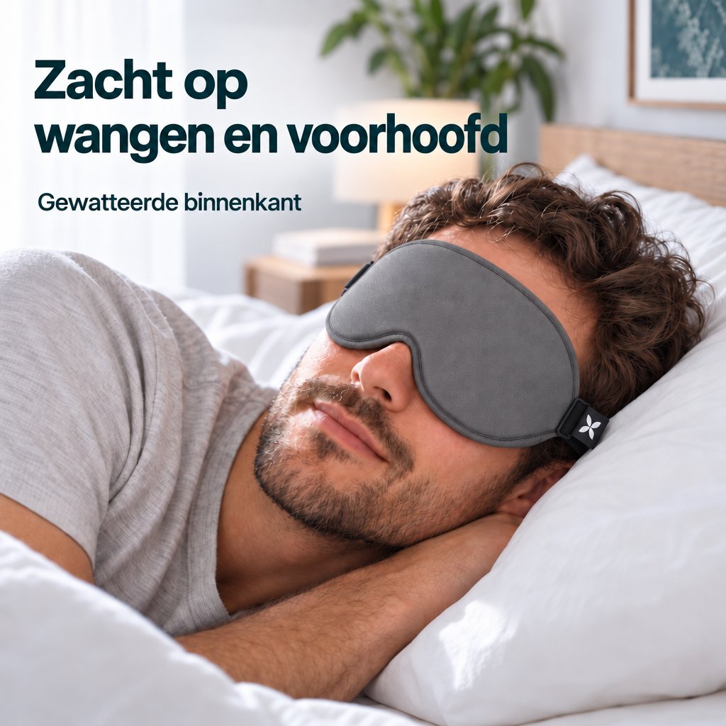 Man rust op zijn zij op een wit kussen en draagt een grijs slaapmasker Deluxe met een zwarte hoofdband.