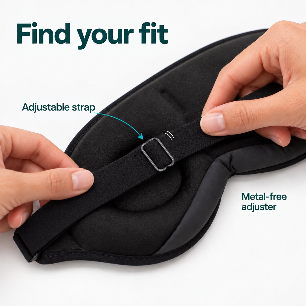 Deluxe Sleep Mask with a black strap being adjusted by hand using a metal-free adjuster.