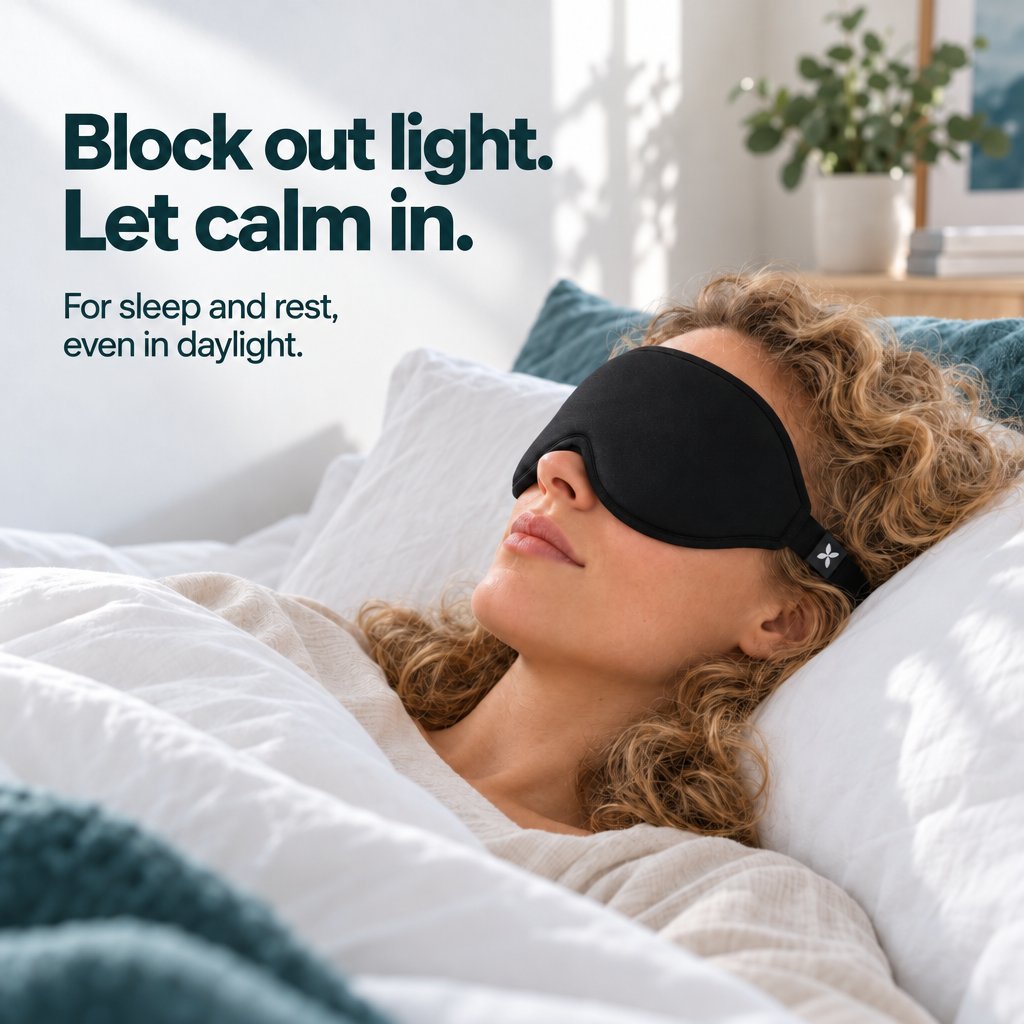 Woman resting in bed in daylight, wearing a black Deluxe Sleep Mask.