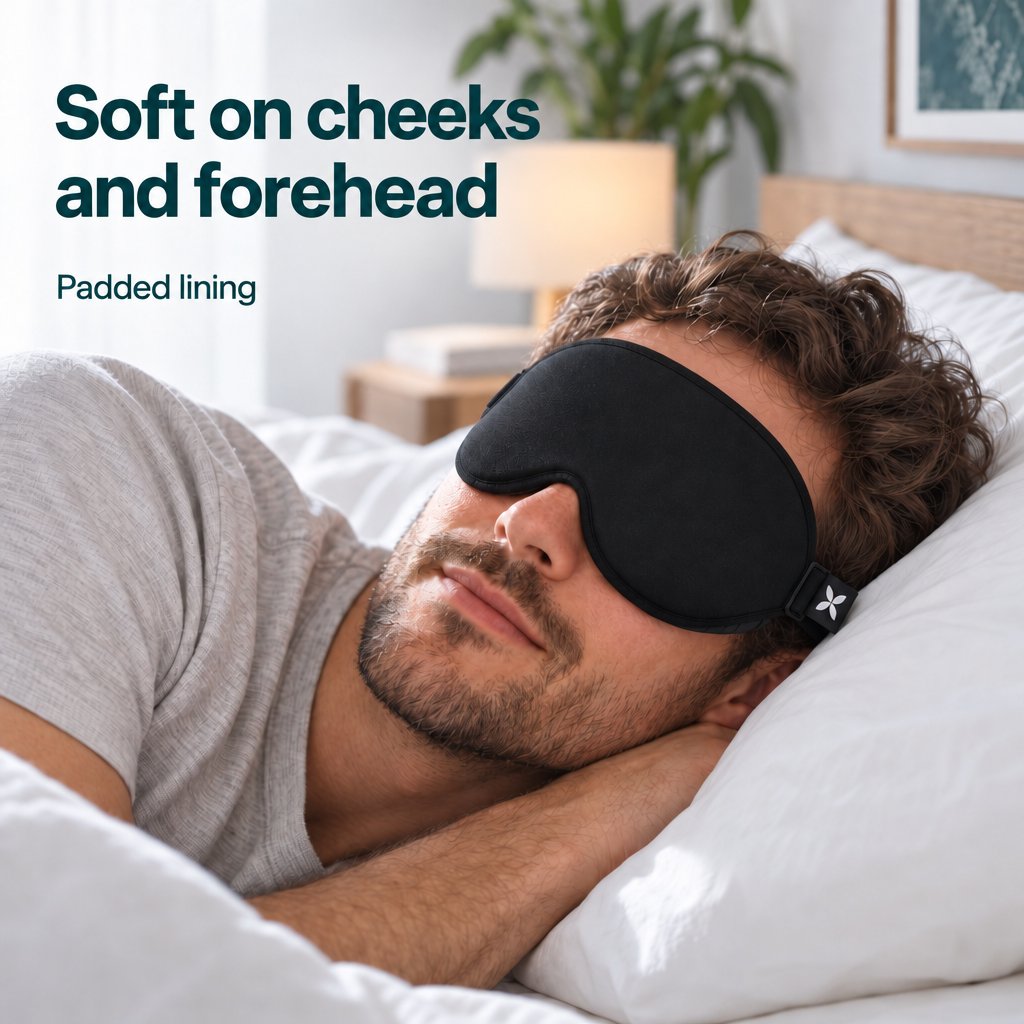 Man resting on his side wearing a black Deluxe Sleep Mask with padded lining, soft on cheeks and forehead.