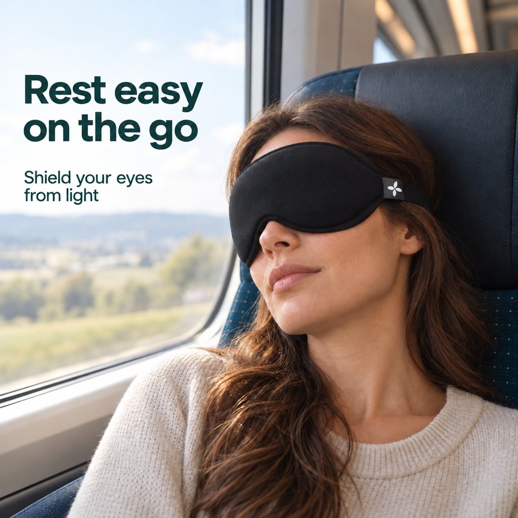 Woman resting on a train wearing a black Deluxe Sleep Mask.