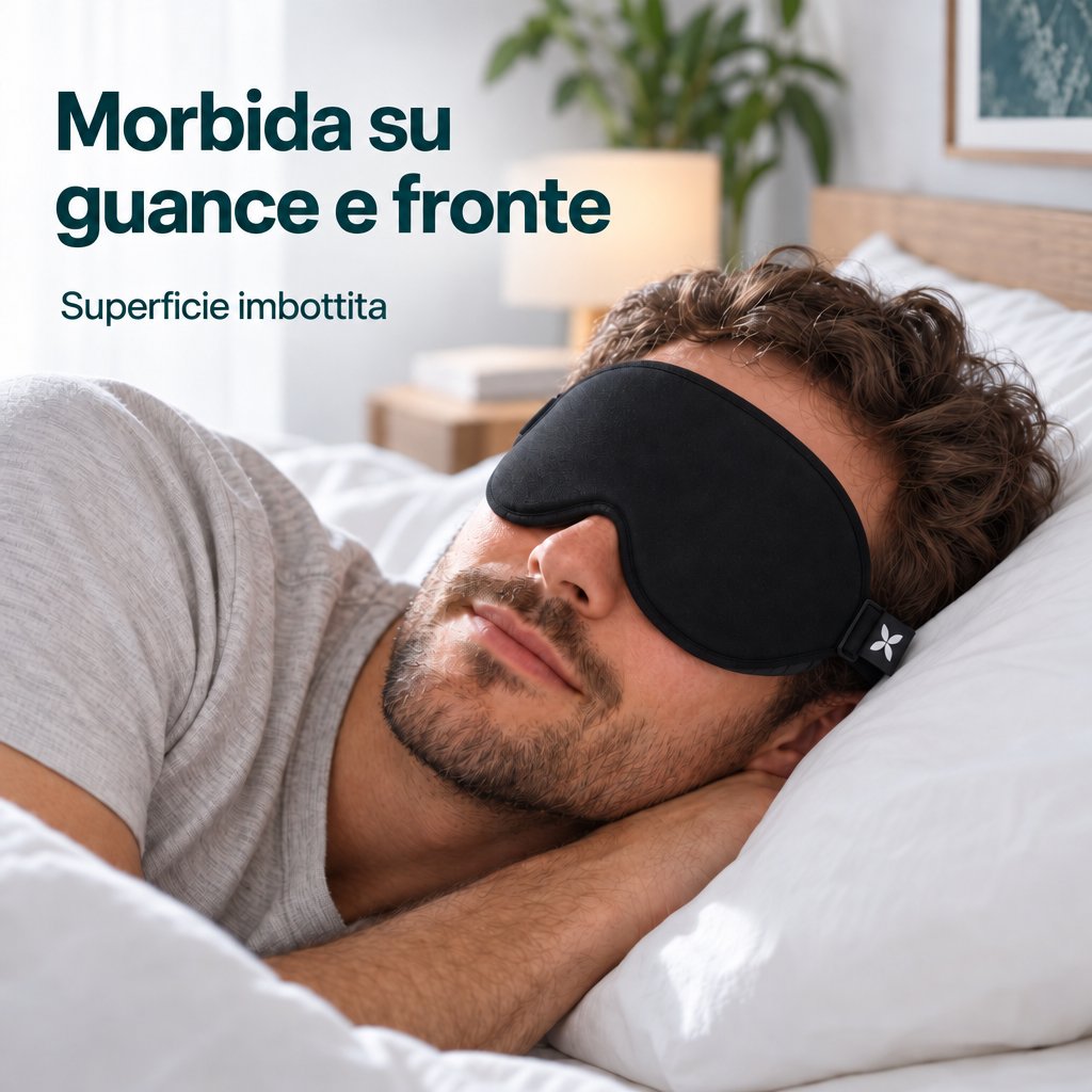 Mascherina per dormire Deluxe con superficie imbottita, indossata da un uomo sdraiato su un fianco.