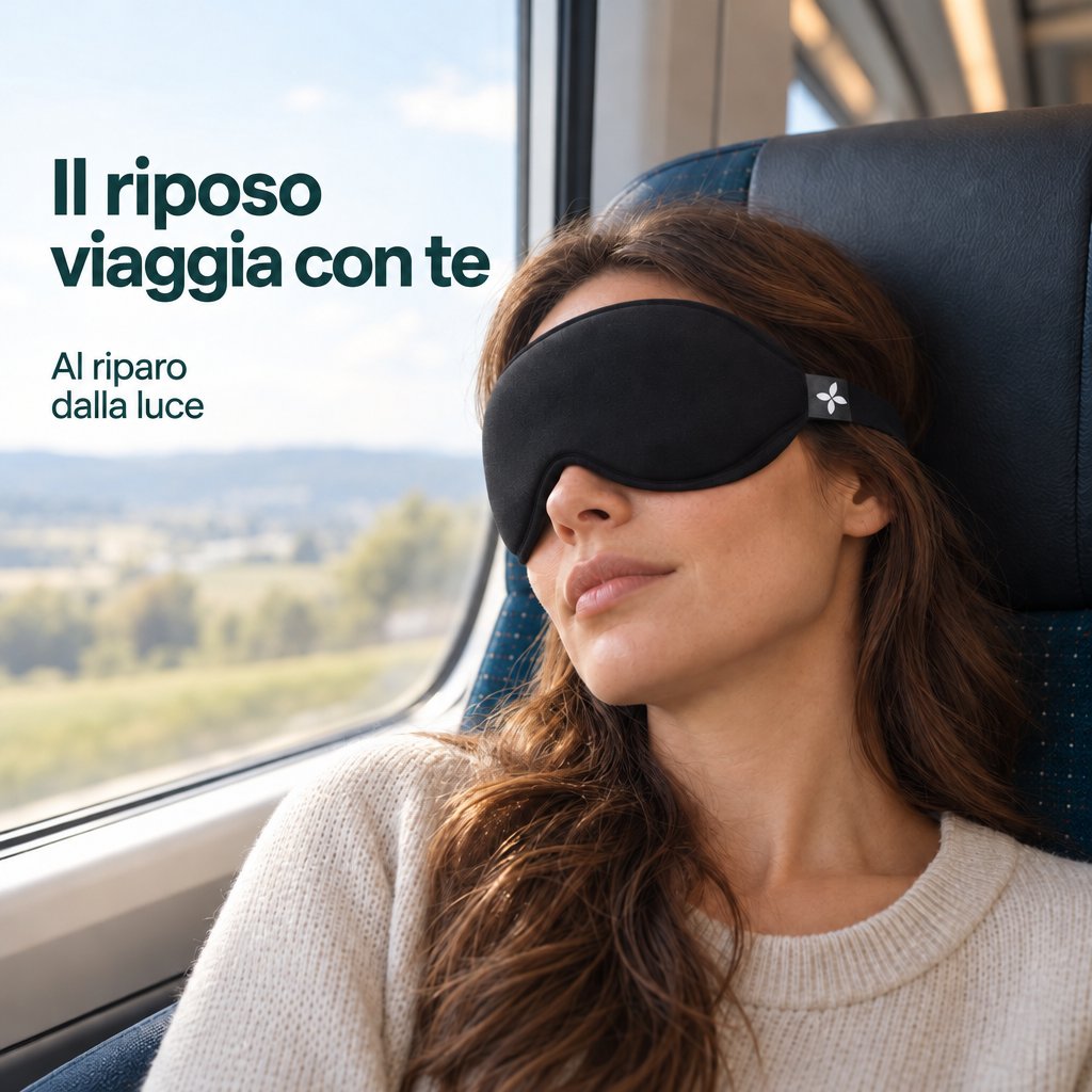 Una donna riposa in treno con la mascherina per dormire Deluxe, al riparo dalla luce.