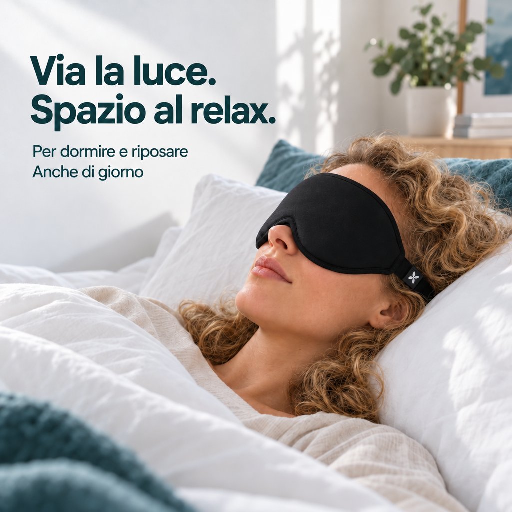 Una donna riposa a letto con la mascherina per dormire Deluxe nera, in una stanza illuminata dalla luce del giorno.