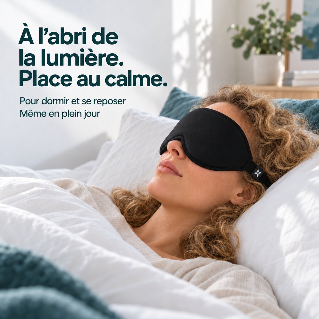 Une femme allongée dans un lit porte un masque de sommeil noir pour se reposer à l’abri de la lumière, même en plein jour.