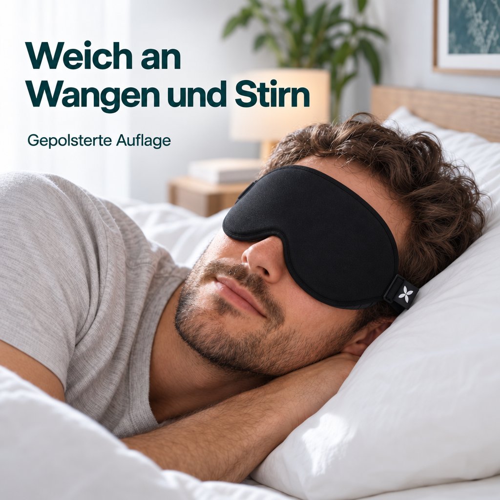 Mann liegt mit einer schwarzen Schlafmaske Deluxe auf der Seite im Bett; die Maske liegt über Augen, Stirn und oberen Wangen.