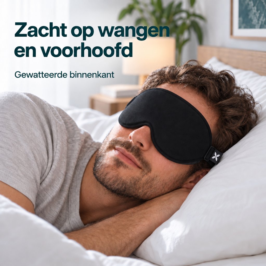 Een man ligt in bed met het zwarte Slaapmasker Deluxe, met een gewatteerde binnenkant die zacht aanvoelt op wangen en voorhoofd.