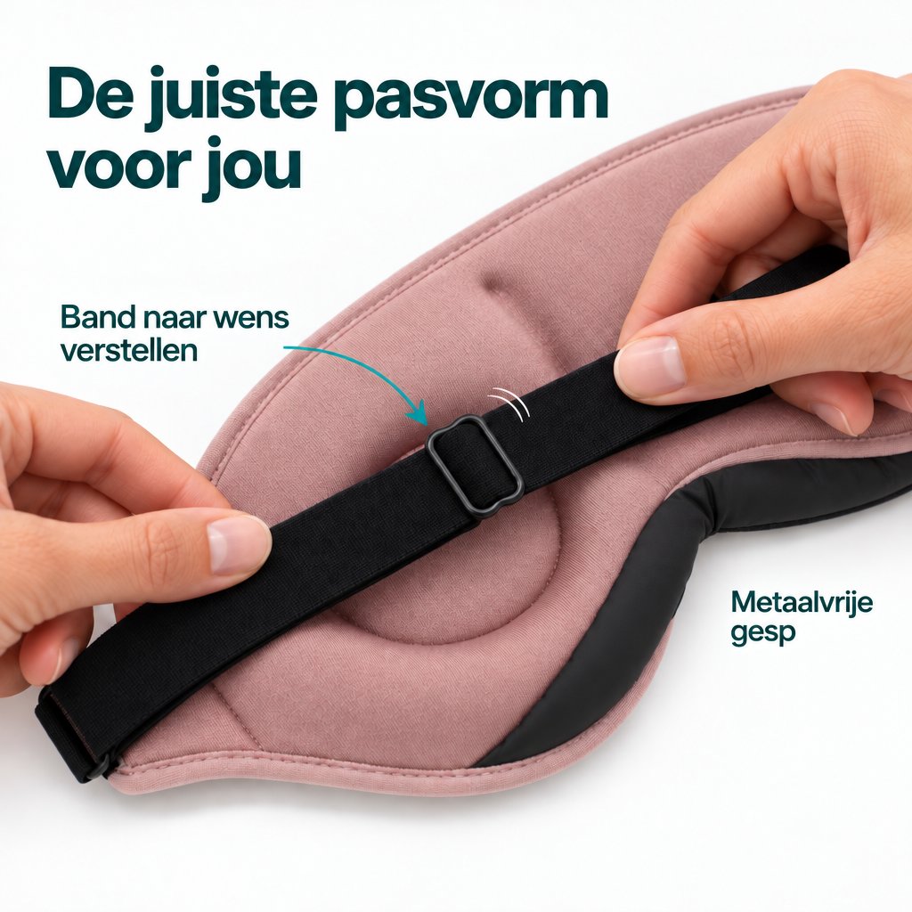 Handen verstellen de zwarte hoofdband van het oudroze Deluxe-slaapmasker met de rechthoekige schuifgesp aan de achterkant.