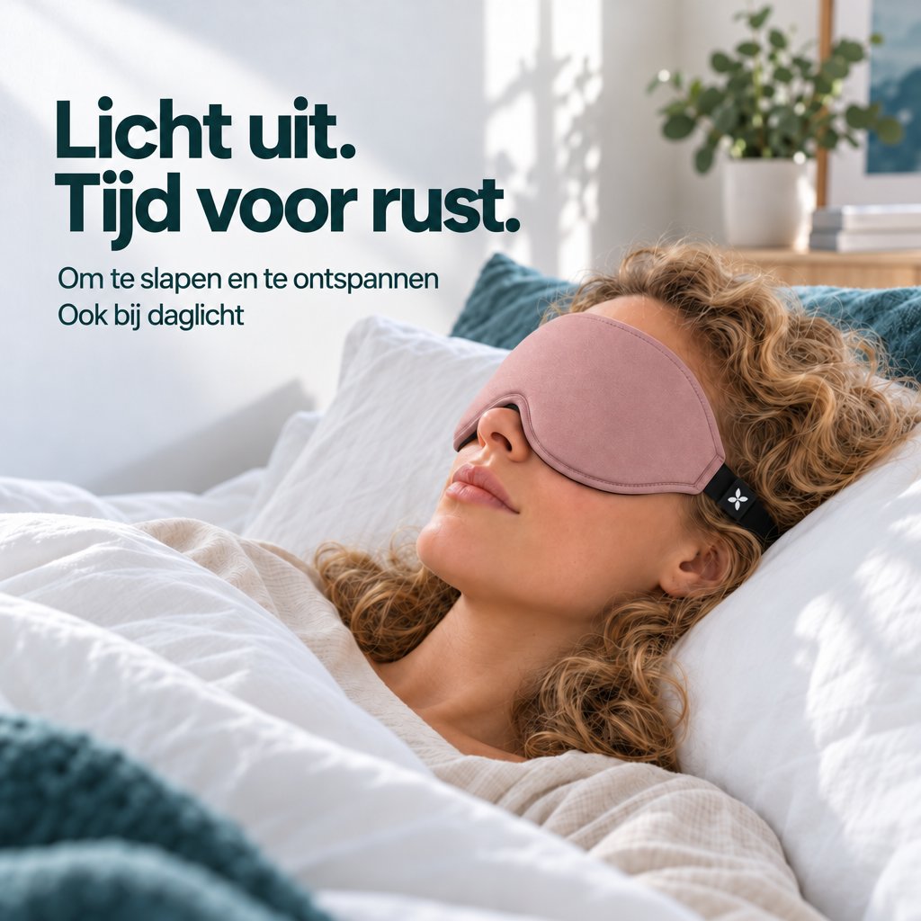 Een vrouw met krullend haar rust op een kussen in een lichte slaapkamer en draagt een roze Deluxe-slaapmasker.