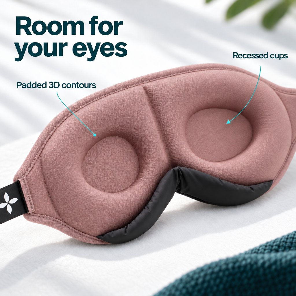 Close-up of the inside of the rose-colored Deluxe Sleep Mask, showing padded 3D contours, recessed eye cups and a black nose section.