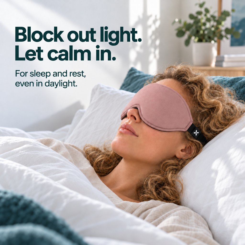 A woman with curly hair rests on a pillow in a bright bedroom, wearing a rose-pink Deluxe Sleep Mask.