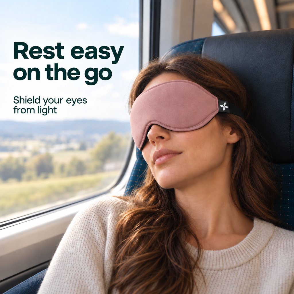 A woman rests by a train window wearing a rose-pink Deluxe Sleep Mask.