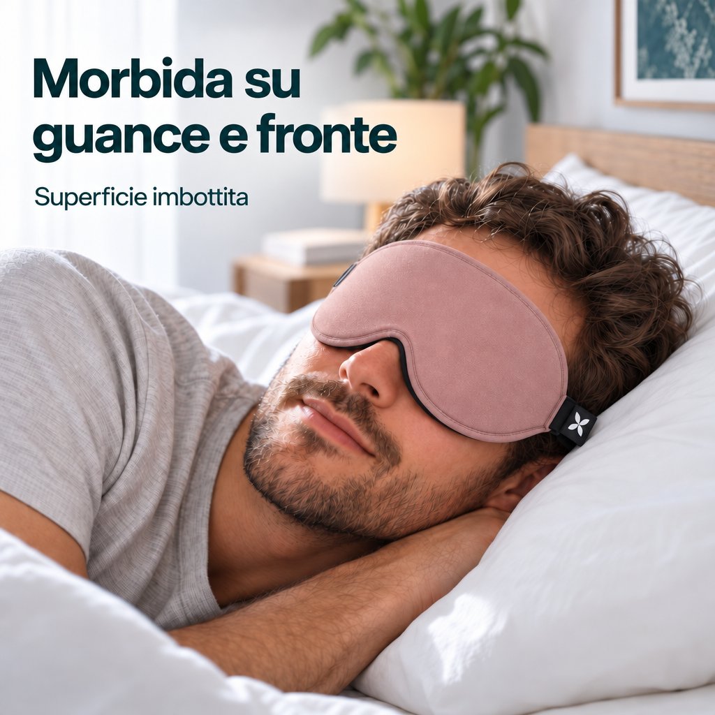 Un uomo riposa su un fianco su un cuscino bianco, indossando una mascherina per dormire Deluxe rosa cipria con fascia nera.