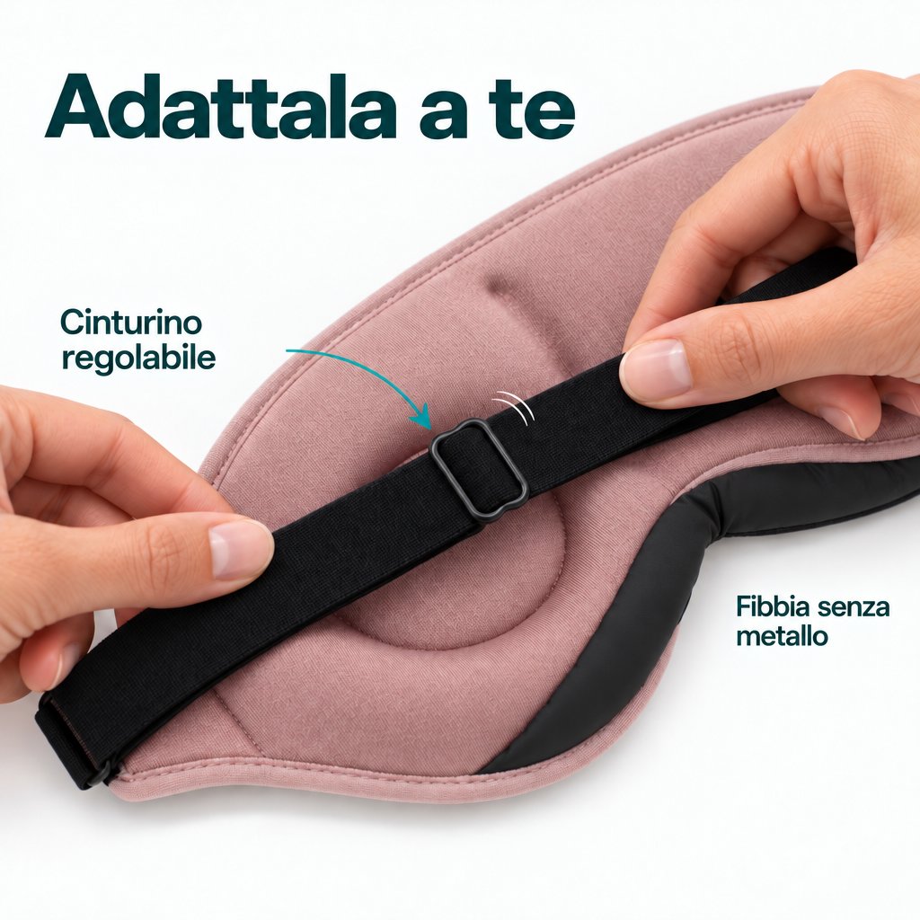 Due mani regolano il cinturino nero della mascherina per dormire Deluxe rosa cipria tramite il cursore rettangolare sul retro.