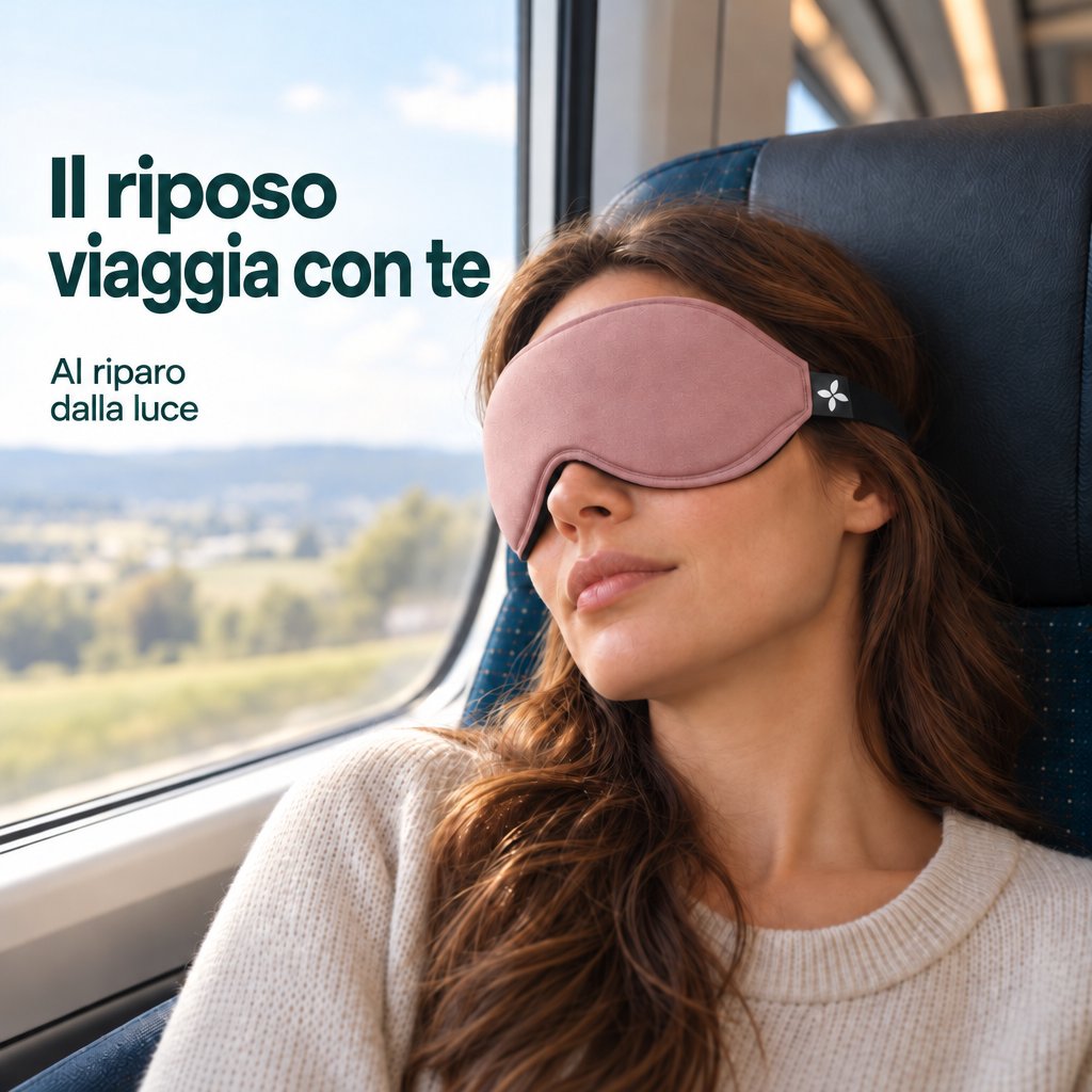 Una donna riposa seduta accanto al finestrino di un treno con una mascherina per dormire Deluxe rosa sugli occhi.