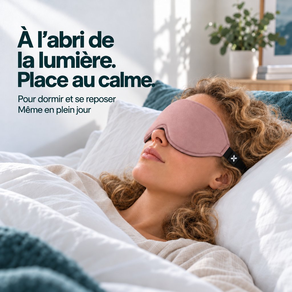 Une femme aux cheveux bouclés se repose sur un oreiller dans une chambre lumineuse, avec un masque de sommeil Deluxe rose poudré sur les yeux.