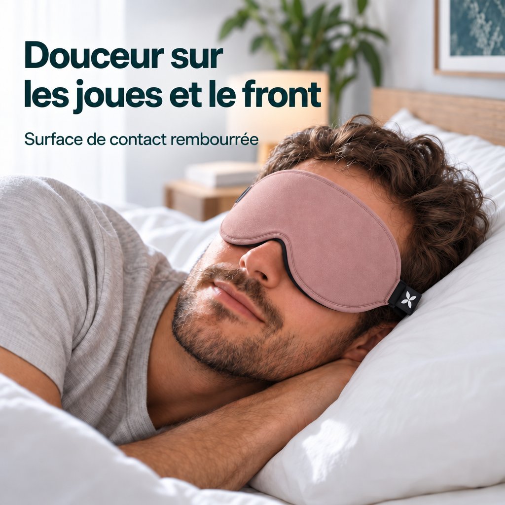 Un homme se repose sur le côté sur un oreiller blanc, avec un masque de sommeil Deluxe rose poudré à bandeau noir.