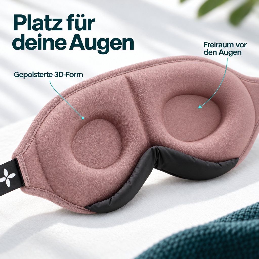 Nahansicht der roséfarbenen Schlafmaske Deluxe von innen mit gepolsterter 3D-Form, vertieften Augenmulden und schwarzer Nasenpartie.