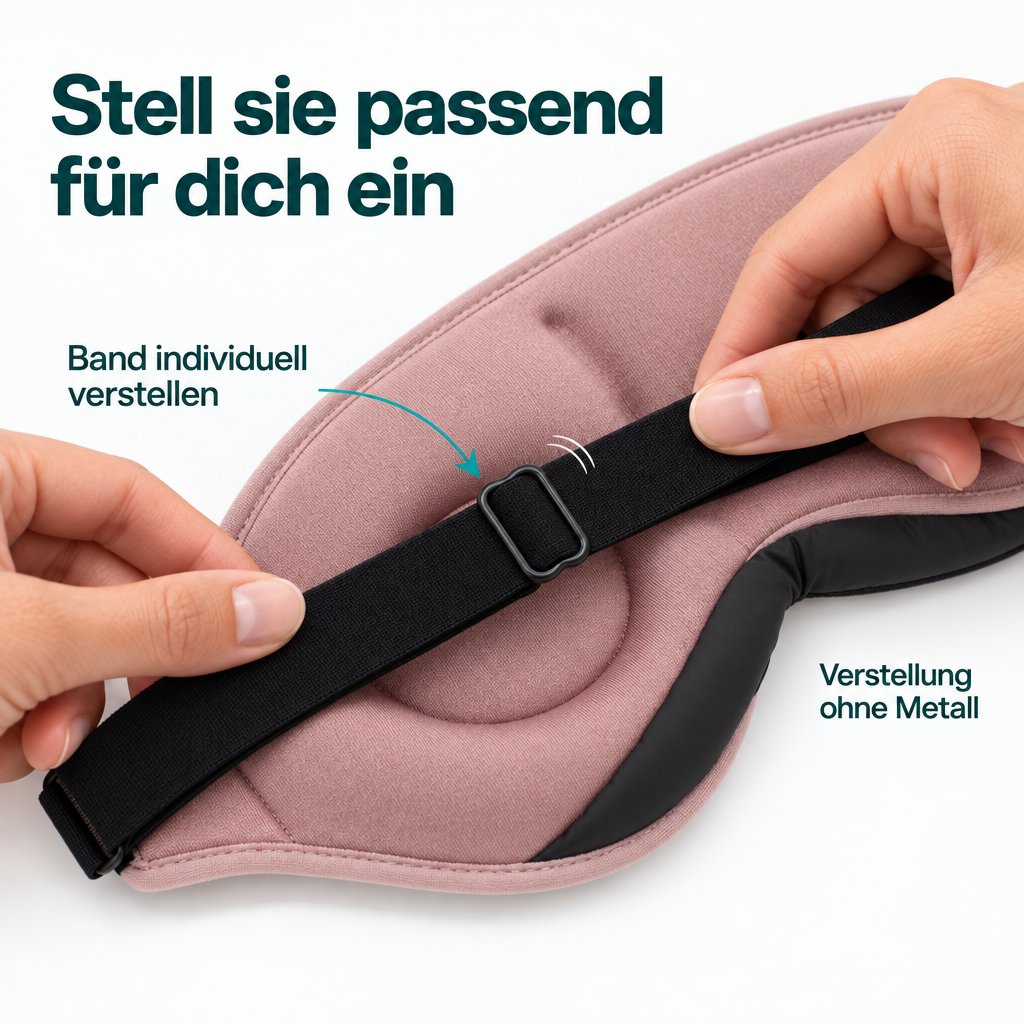 Hände verstellen das schwarze Kopfband der roséfarbenen Schlafmaske Deluxe mit dem rechteckigen Schieber auf der Rückseite.