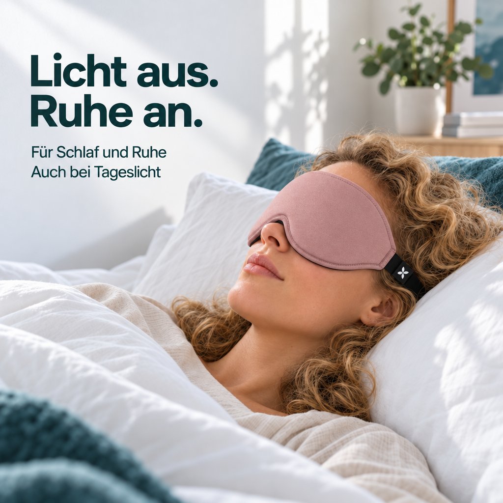 Frau mit lockigem Haar ruht in einem hellen Schlafzimmer auf einem Kissen und trägt eine roséfarbene Schlafmaske Deluxe.
