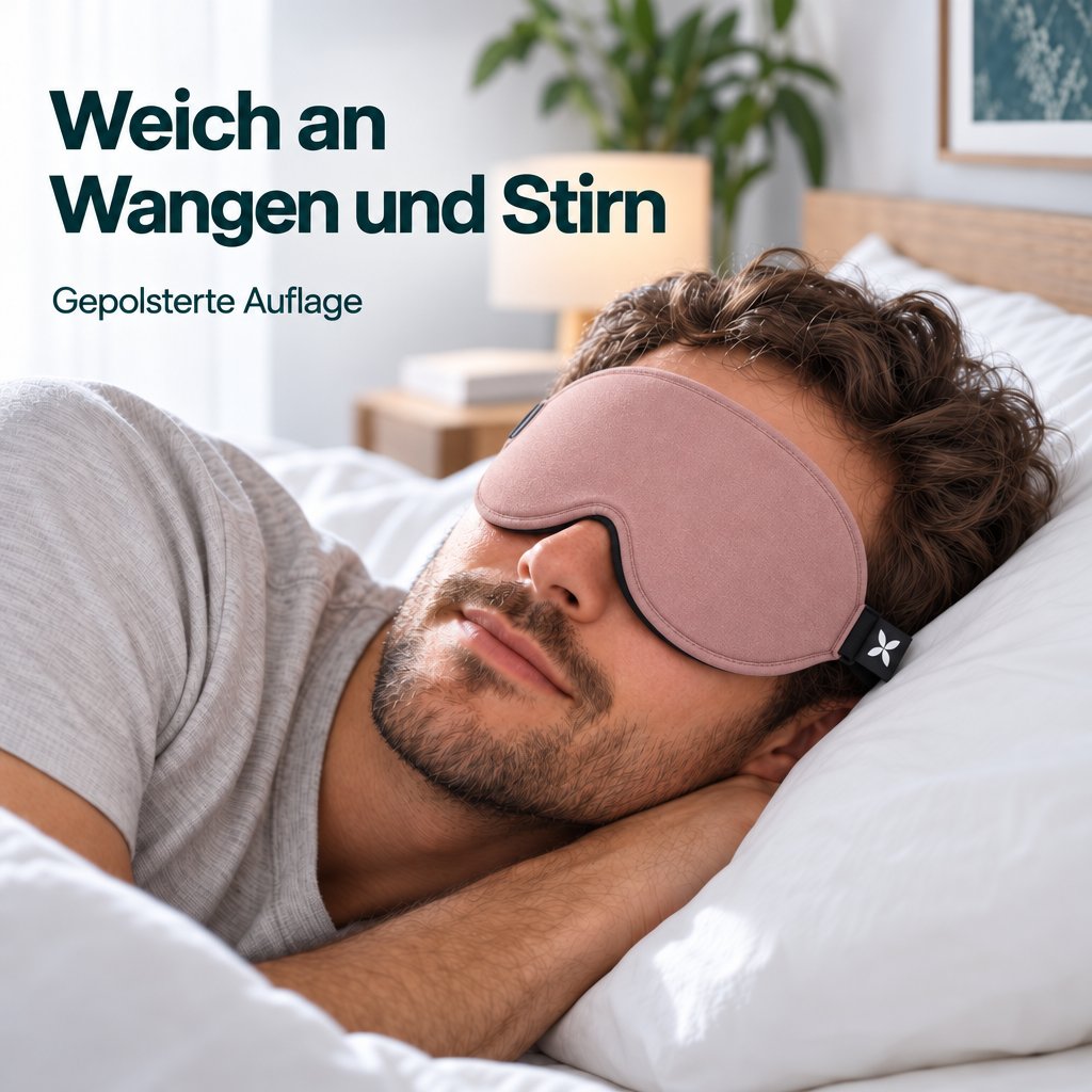 Mann ruht in Seitenlage auf einem weißen Kissen und trägt eine roséfarbene Schlafmaske Deluxe mit schwarzem Kopfband.