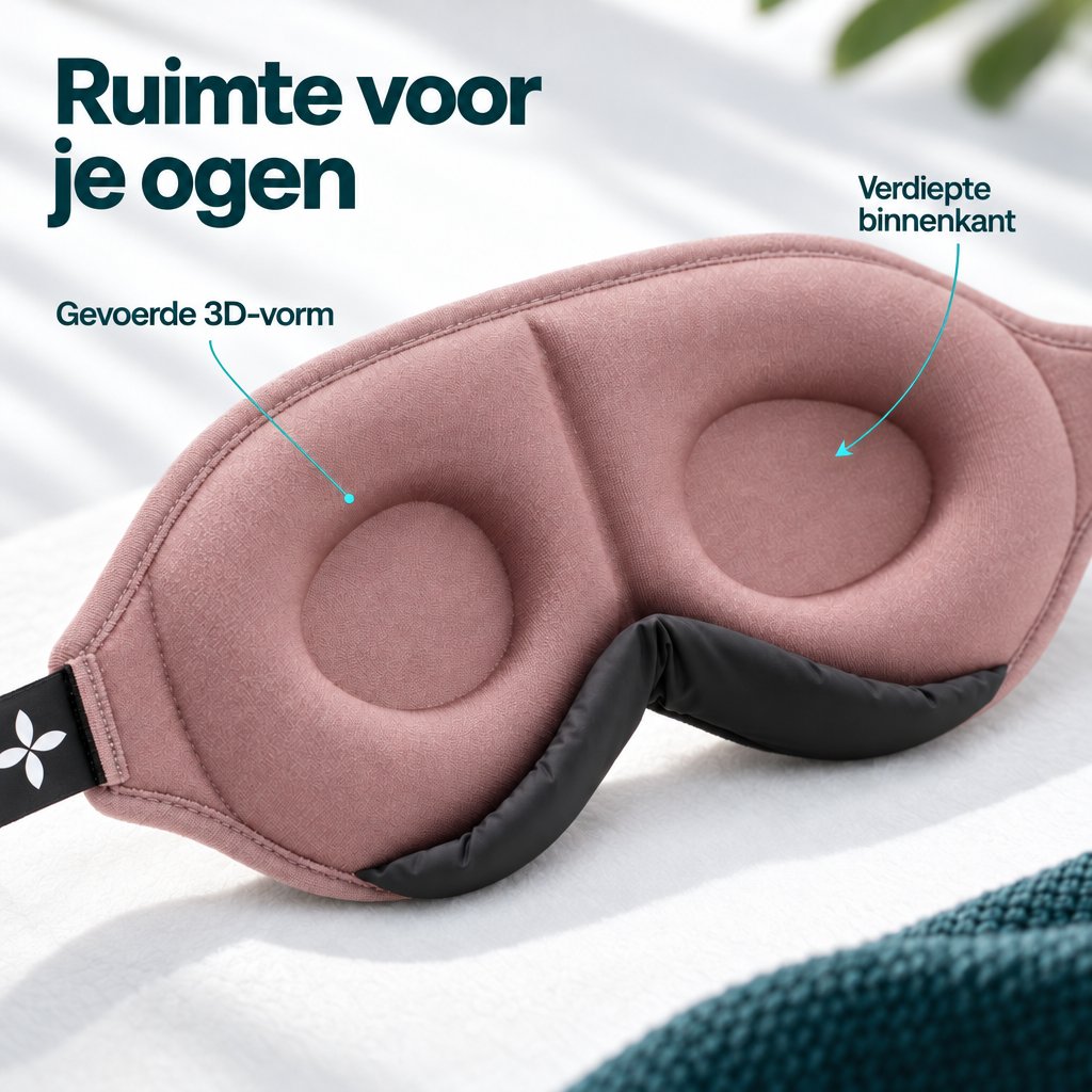 Close-up van de binnenkant van het roséroze Deluxe-slaapmasker met gevoerde 3D-vorm, verdiepte ooguitsparingen en een zwart neusgedeelte.