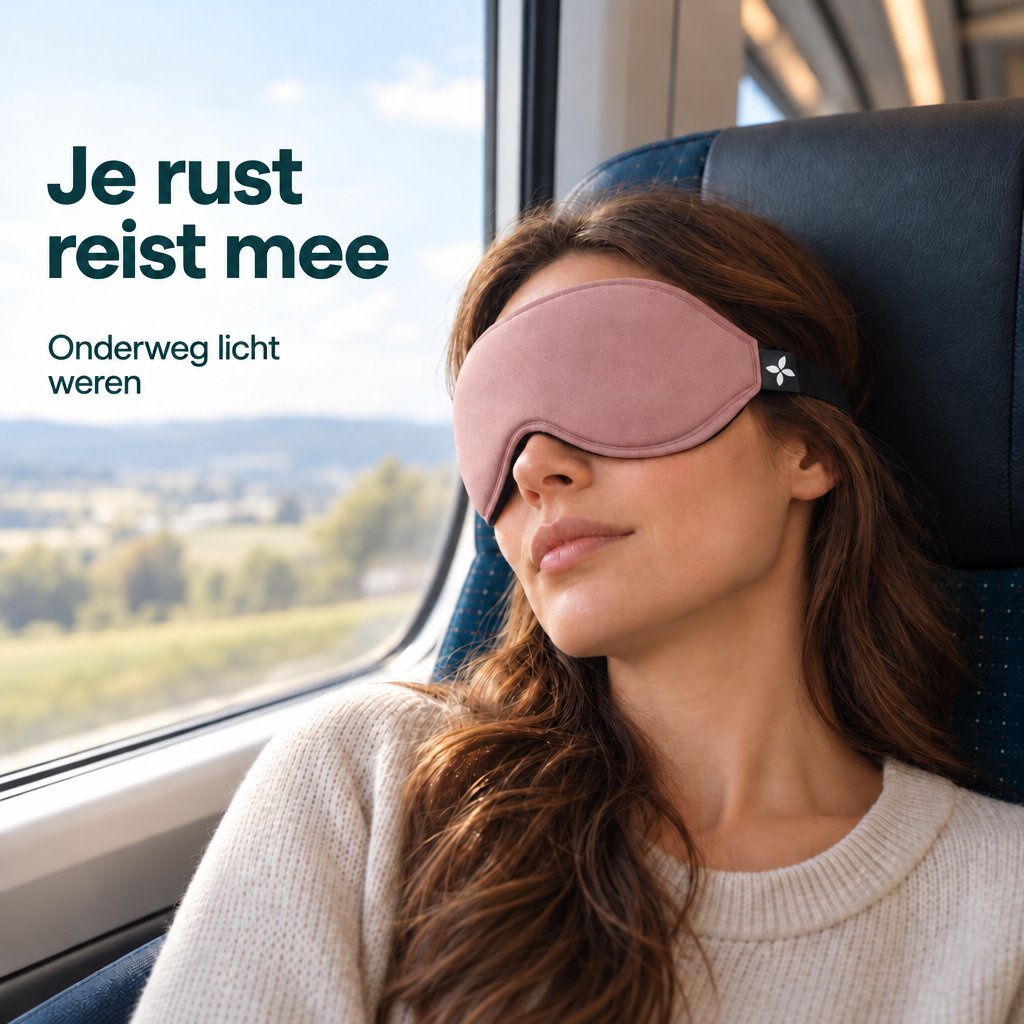 Een vrouw rust bij het raam in een trein met een roze slaapmasker Deluxe over haar ogen.