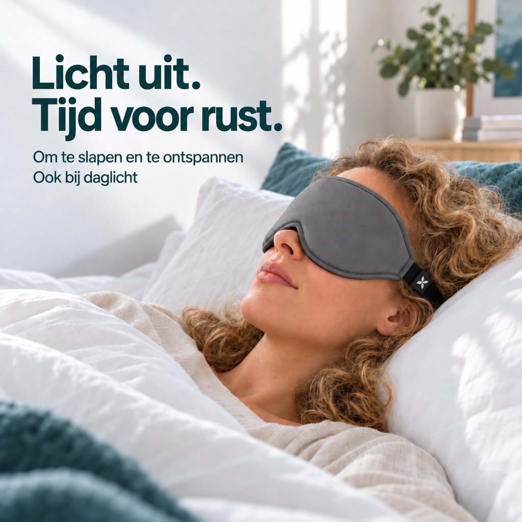 Een vrouw met krullend haar ligt op een kussen in een lichte slaapkamer en draagt een grijs Deluxe-slaapmasker.