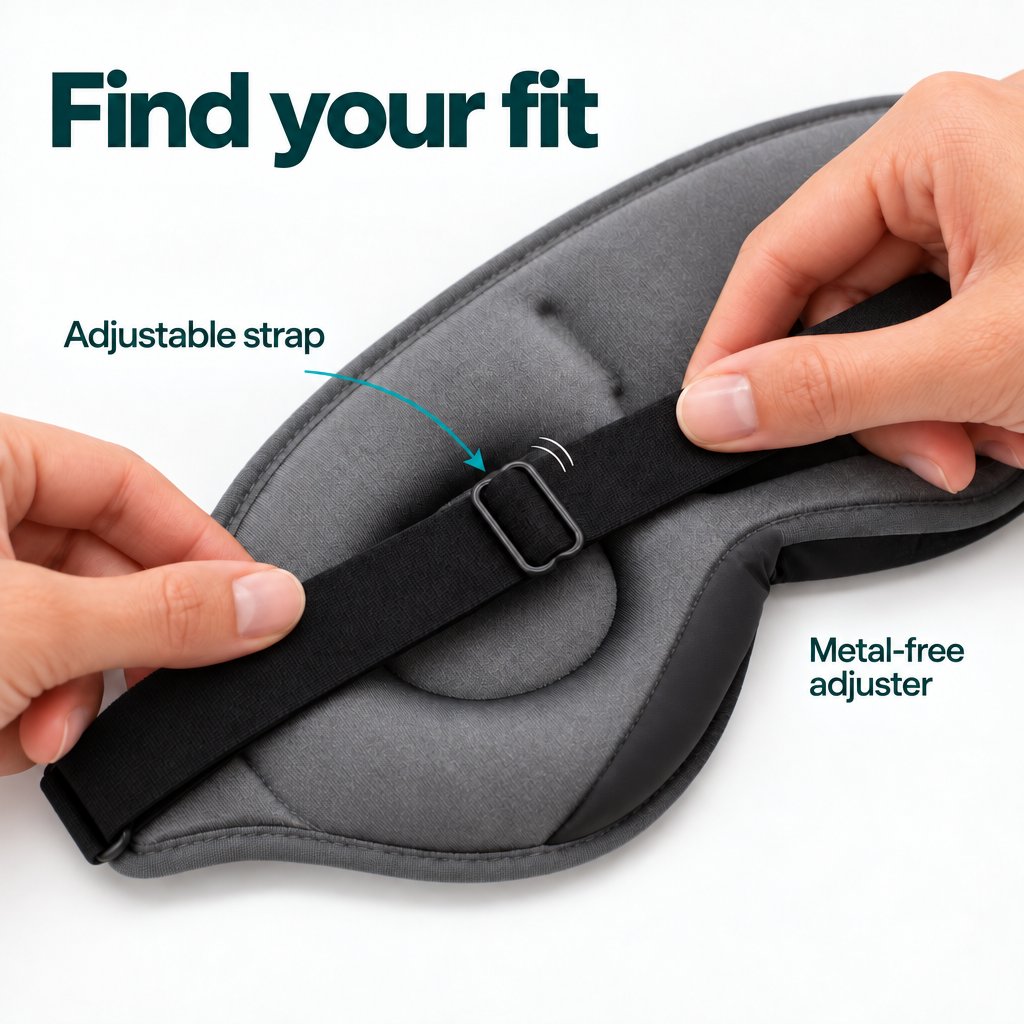 Hands adjust the black strap of the gray Deluxe Sleep Mask using the rectangular slider.