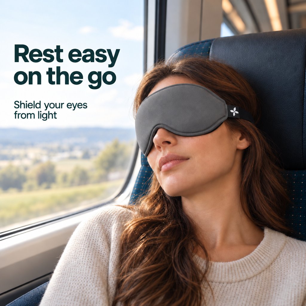 A woman rests by a train window wearing a gray Deluxe Sleep Mask.