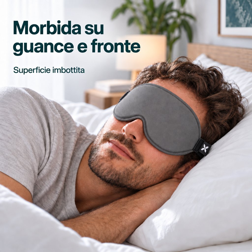 Un uomo riposa su un fianco su un cuscino bianco e indossa una mascherina per dormire Deluxe grigia con cinturino nero.