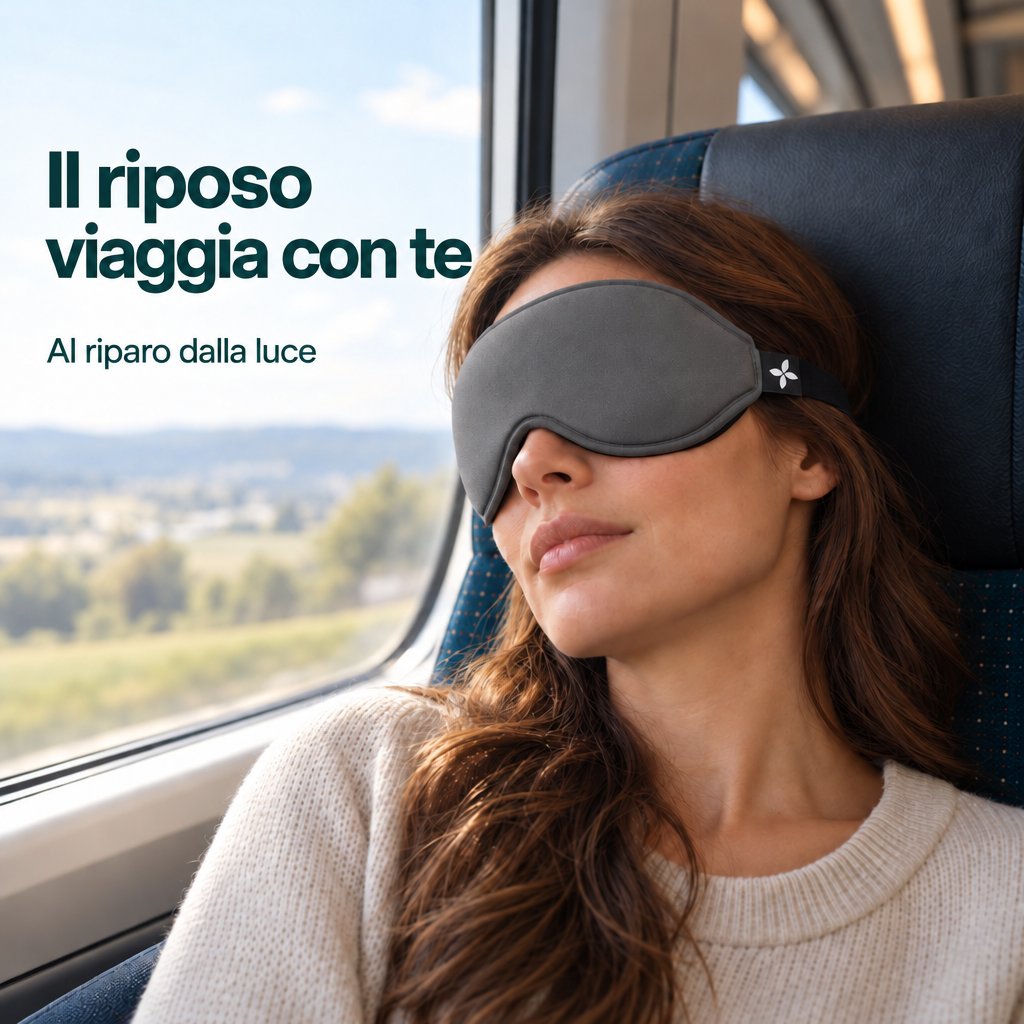 Una donna riposa accanto al finestrino del treno indossando una mascherina per dormire Deluxe grigia.