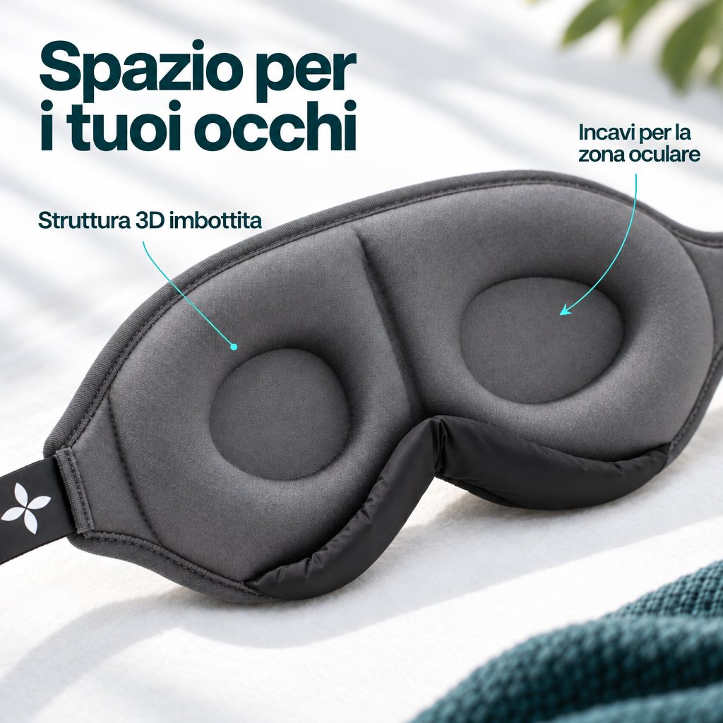 Primo piano dell’interno della mascherina per dormire Deluxe grigia, con bordo imbottito, incavi per gli occhi e zona del naso nera.